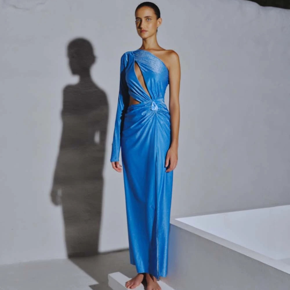 NEW NWT Baobab Talita One Sleeve Cutout Maxi Dress In Bianca Blue